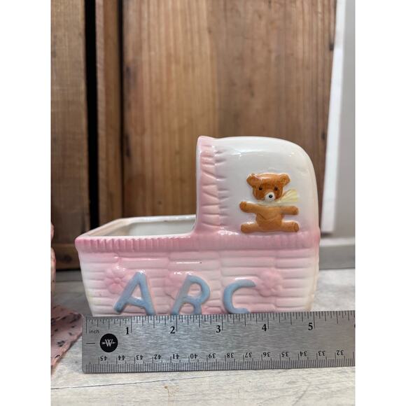 Vintage Set Ceramic Baby Carriage Bassinet Baby Shower Planter Gift Boy or Girl - Picture 5 of 15